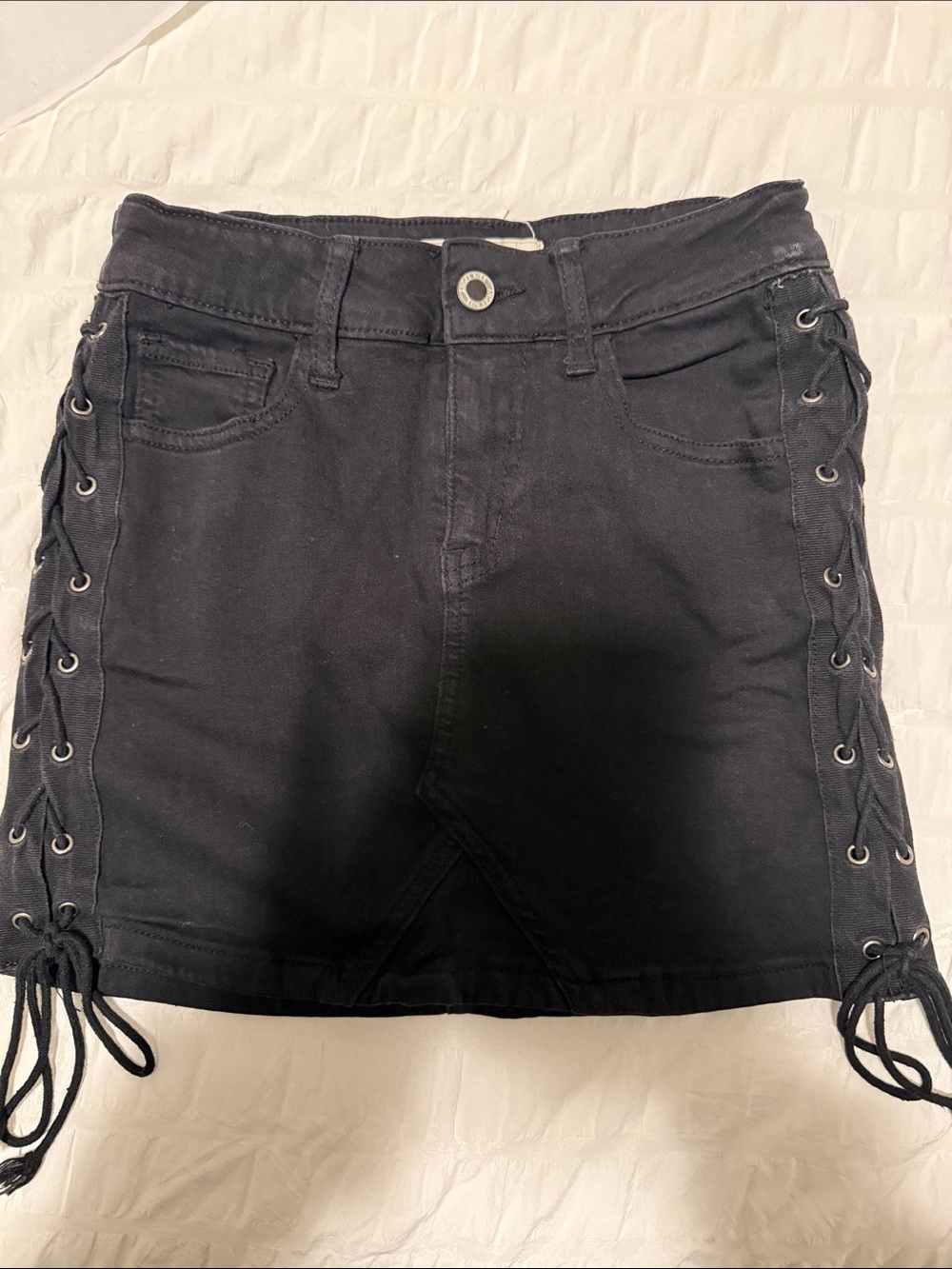 Black Lace-Up Denim Mini Skirt
